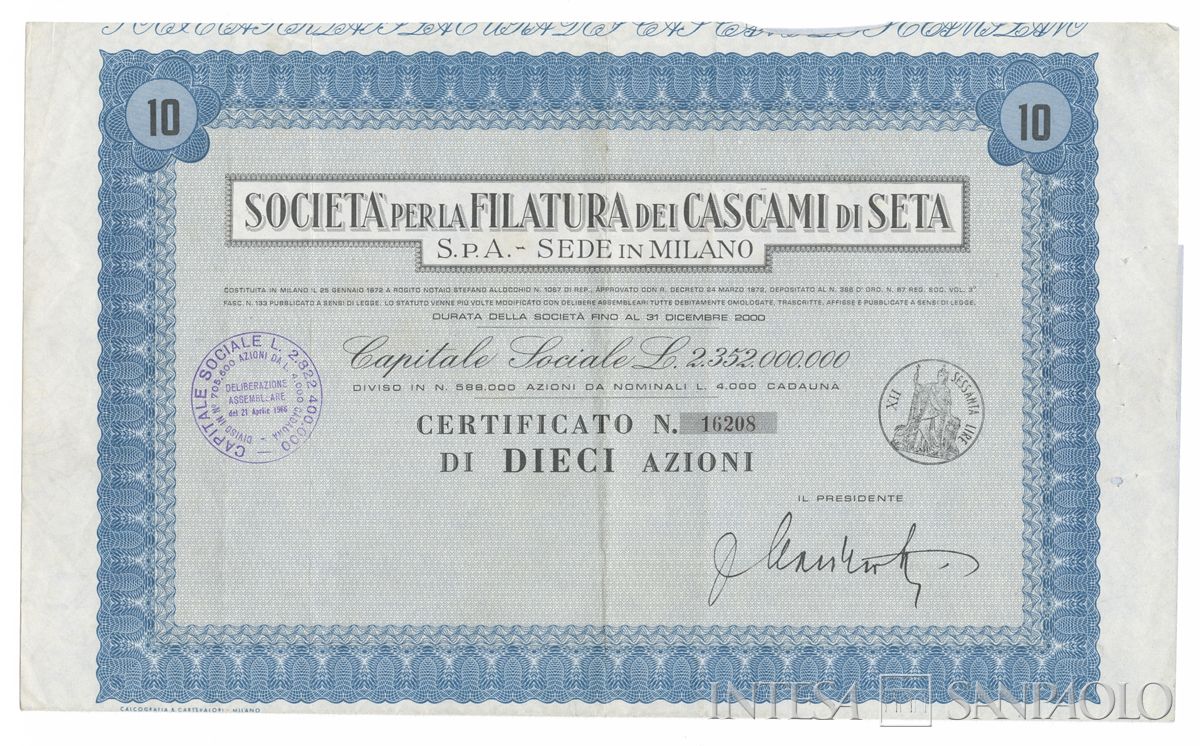 Filatura dei Cascami di Seta SpA, certificato azionario nominativo - recto