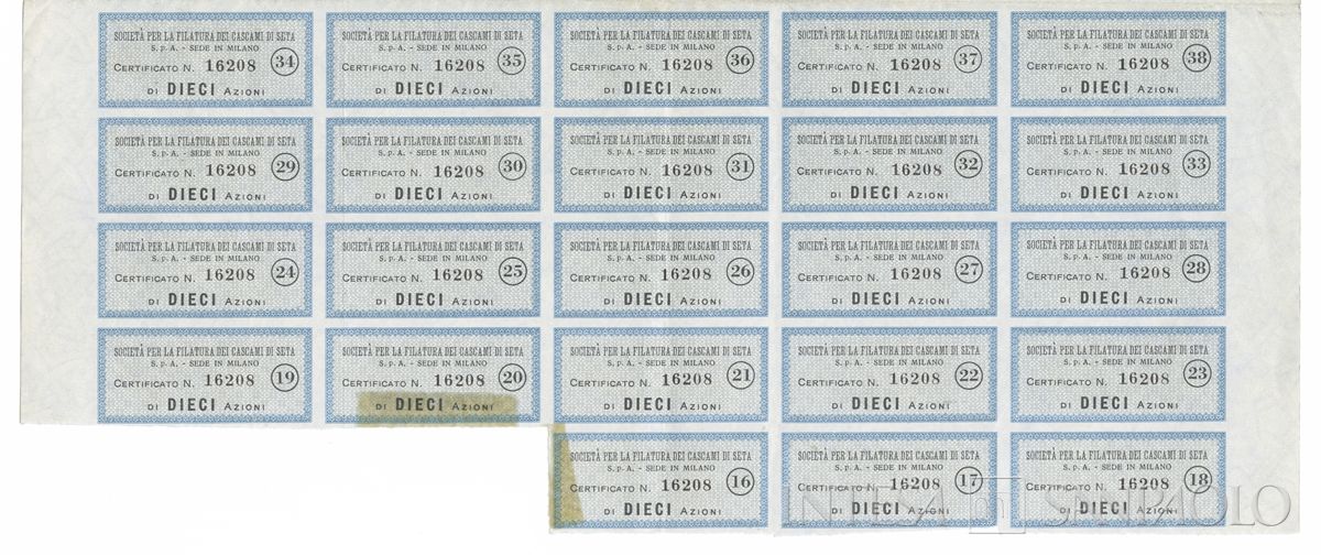 Filatura dei Cascami di Seta SpA, certificato azionario nominativo - recto