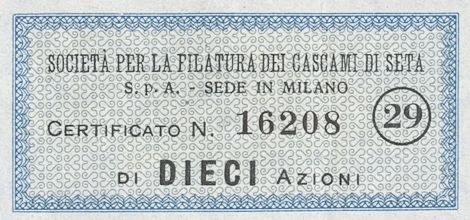 Filatura dei Cascami di Seta SpA, certificato azionario nominativo - dettaglio