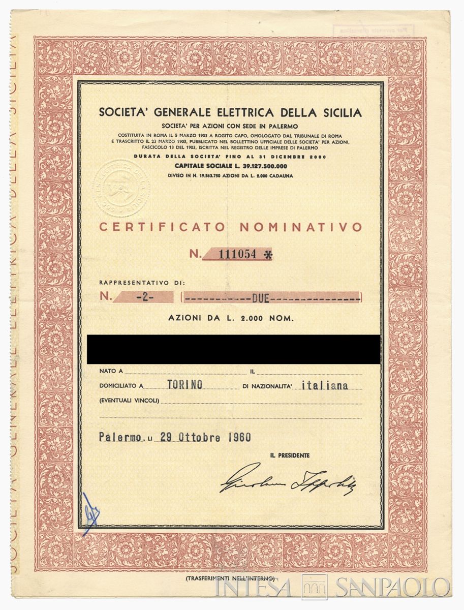 Generale Elettrica della Sicilia SpA, certificati azionari nominativi - recto a