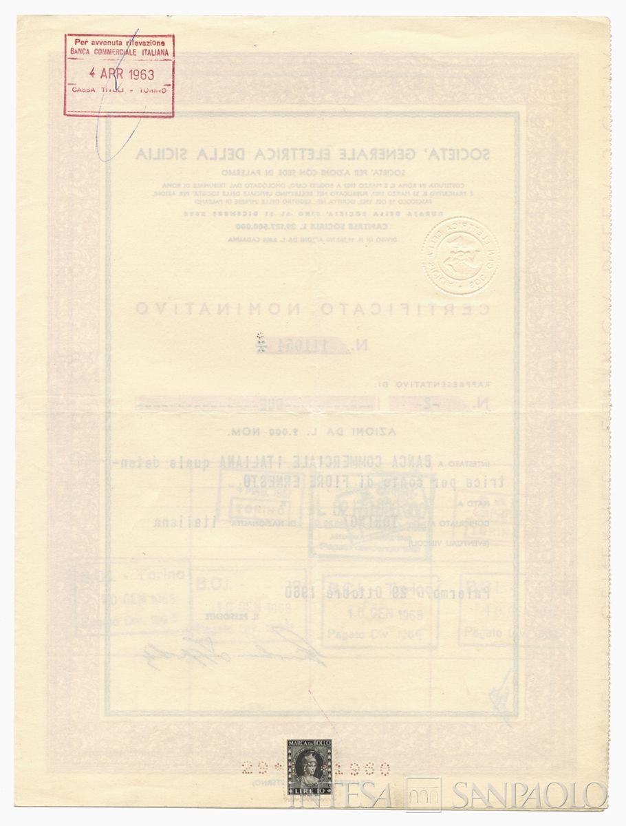 Generale Elettrica della Sicilia SpA, certificati azionari nominativi - verso a