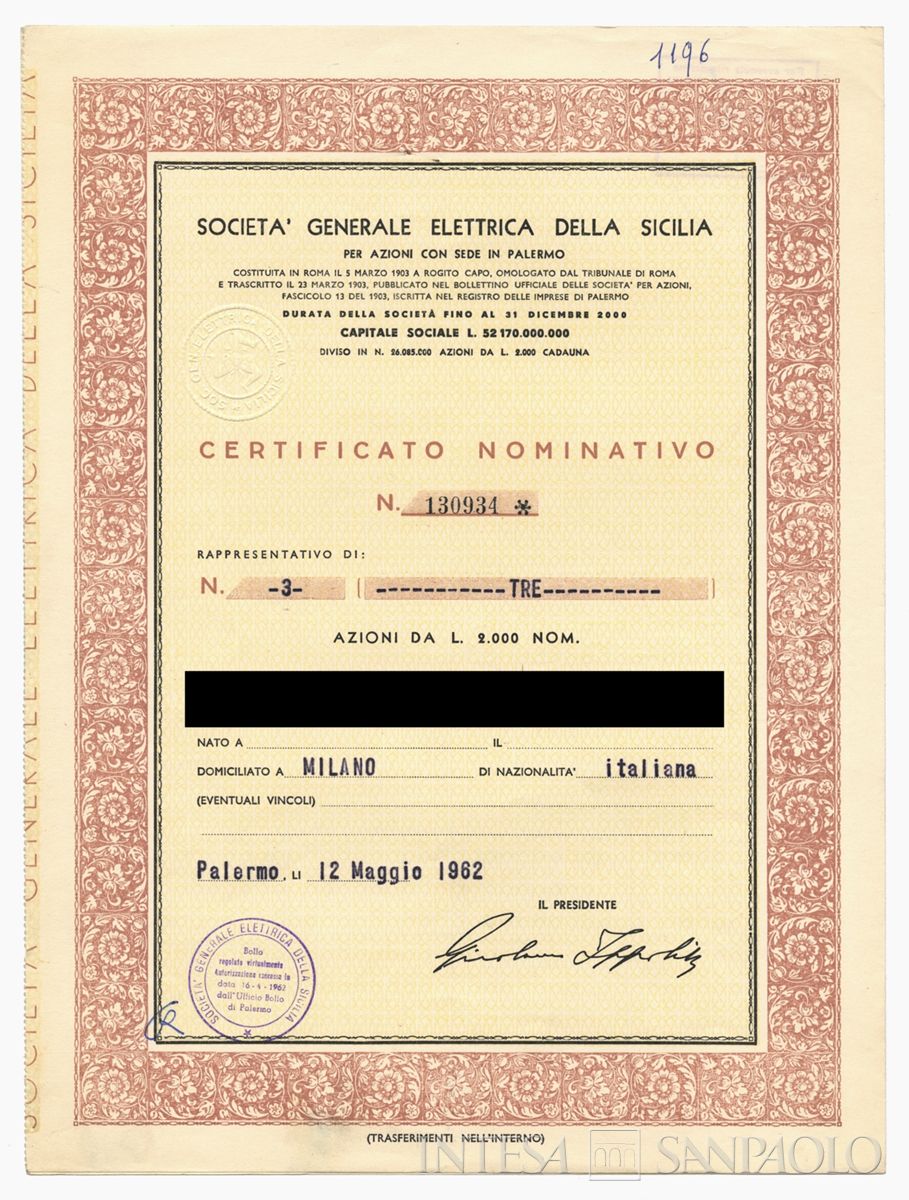 Generale Elettrica della Sicilia SpA, certificati azionari nominativi - recto b