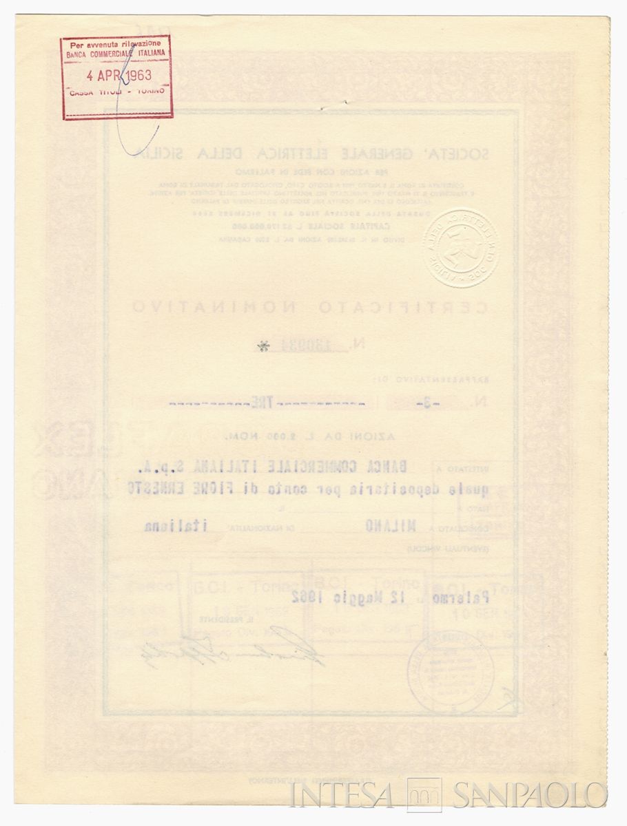 Generale Elettrica della Sicilia SpA, certificati azionari nominativi - verso b