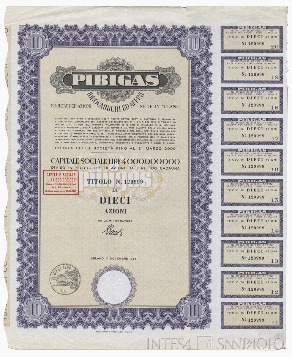 Pibigas Idrocarburi ed Affini SpA, certificato azionario nominativo - recto