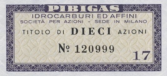 Pibigas Idrocarburi ed Affini SpA, certificato azionario nominativo - dettaglio