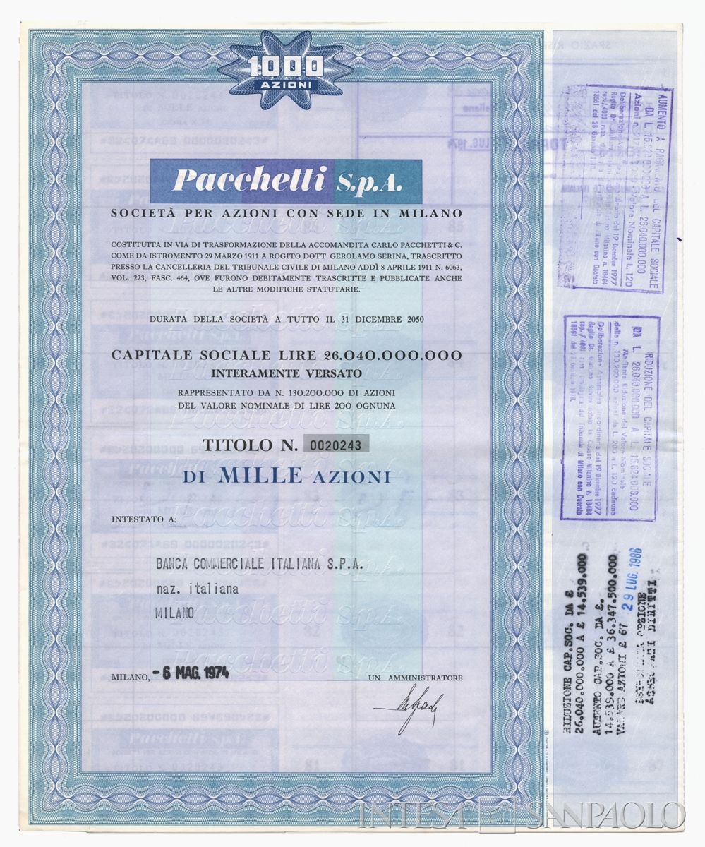 Pacchetti SpA, certificati azionari nominativi - recto a
