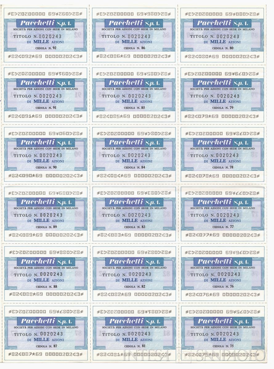 Pacchetti SpA, certificati azionari nominativi - recto a