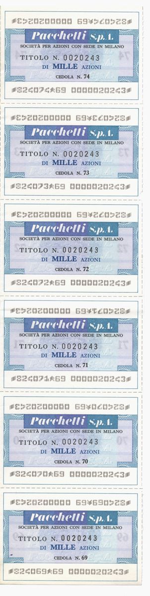 Pacchetti SpA, certificati azionari nominativi - recto a