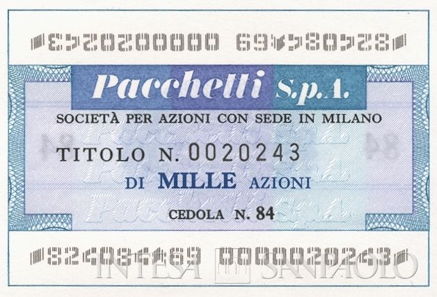 Pacchetti SpA, certificati azionari nominativi - dettaglio a