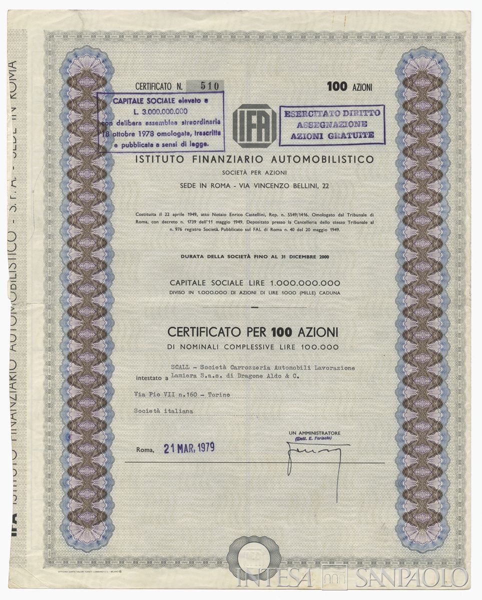 IFA Istituto Finanziario Automobilistico SpA, certificati azionari nominativi - recto a