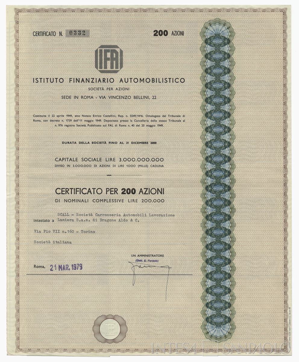 IFA Istituto Finanziario Automobilistico SpA, certificati azionari nominativi - recto b