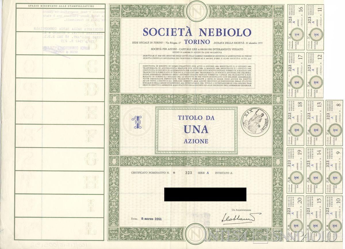 Nebiolo SpA, certificati azionari nominativi - recto a