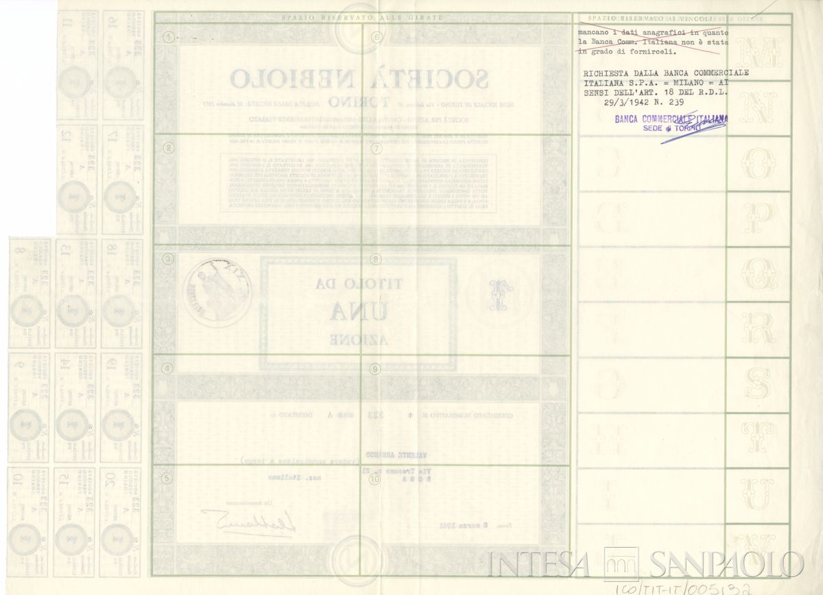 Nebiolo SpA, certificati azionari nominativi - verso a