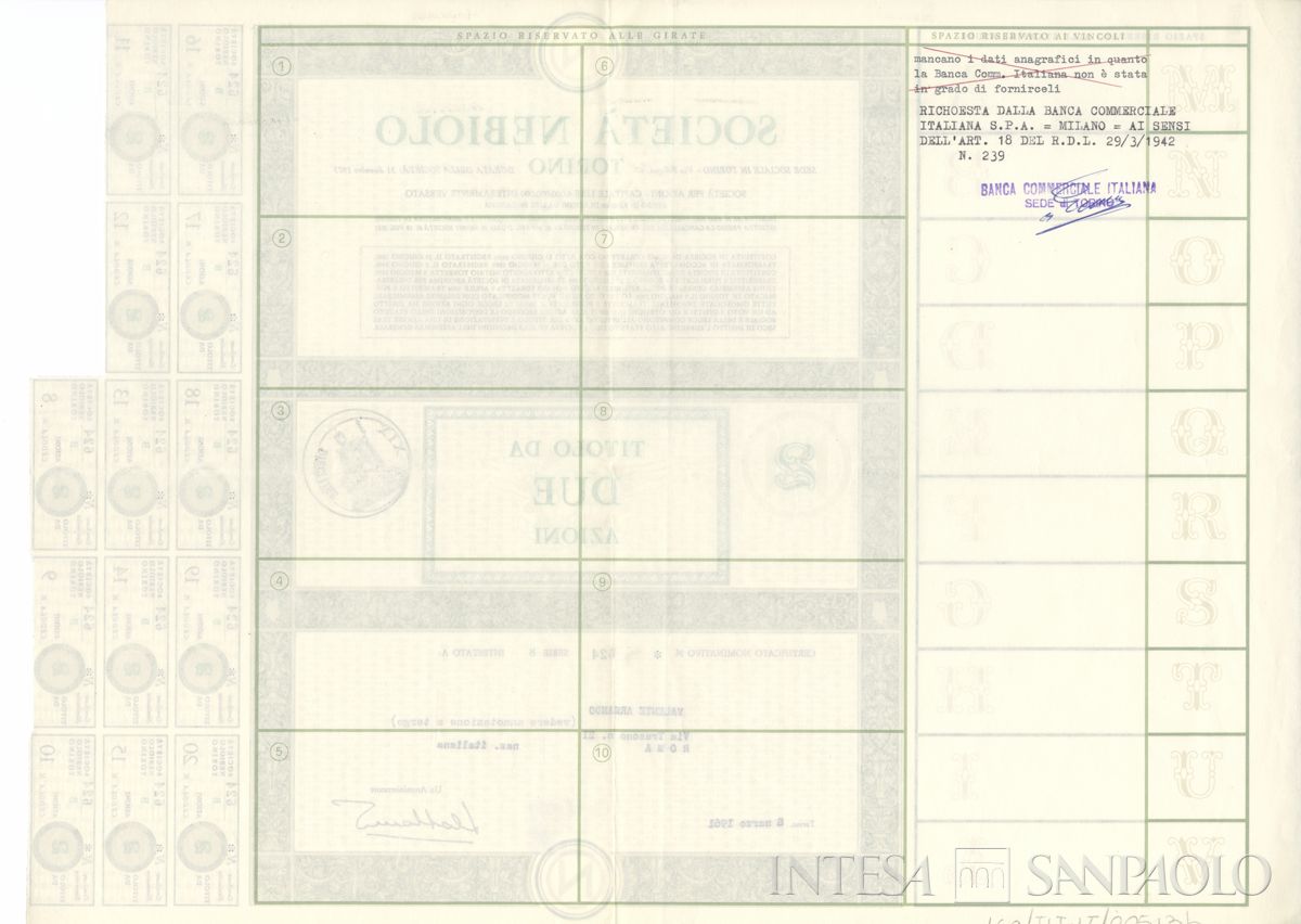 Nebiolo SpA, certificati azionari nominativi - verso b