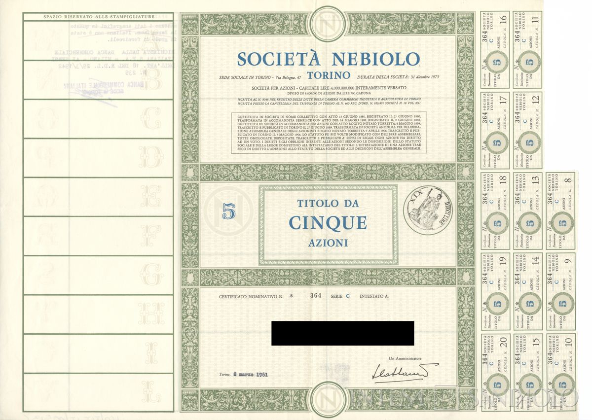 Nebiolo SpA, certificati azionari nominativi - recto c