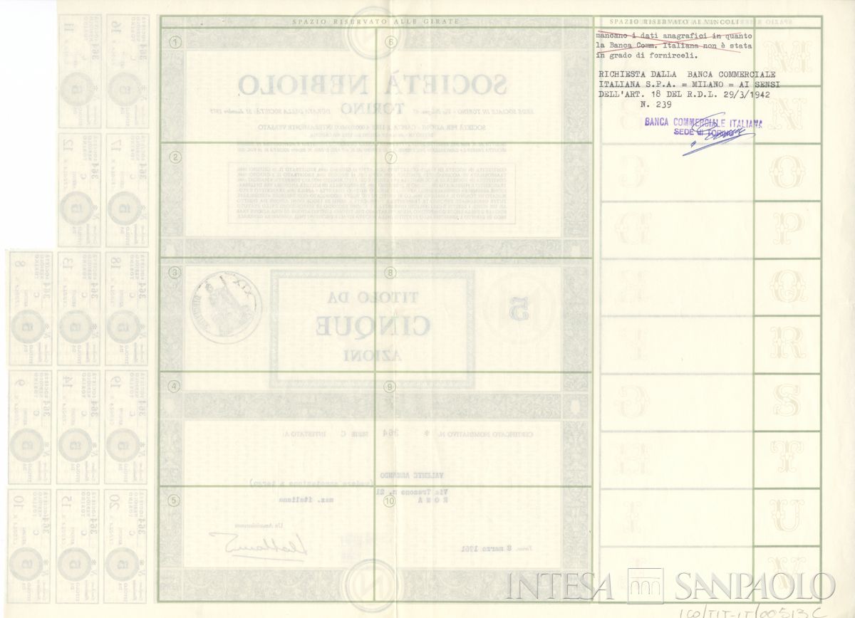 Nebiolo SpA, certificati azionari nominativi - verso c