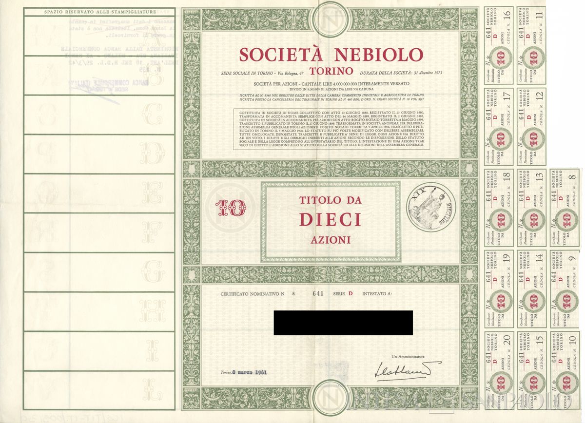 Nebiolo SpA, certificati azionari nominativi - recto d