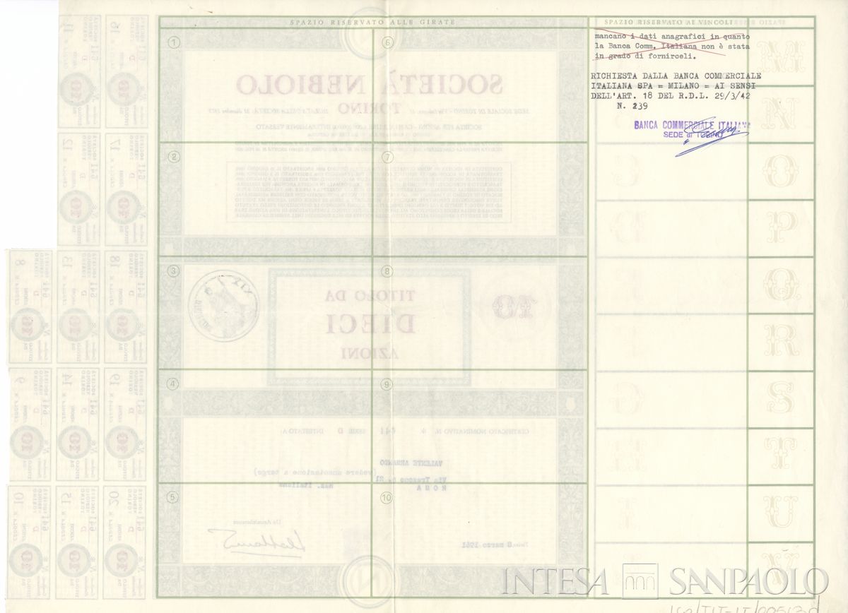 Nebiolo SpA, certificati azionari nominativi - verso d