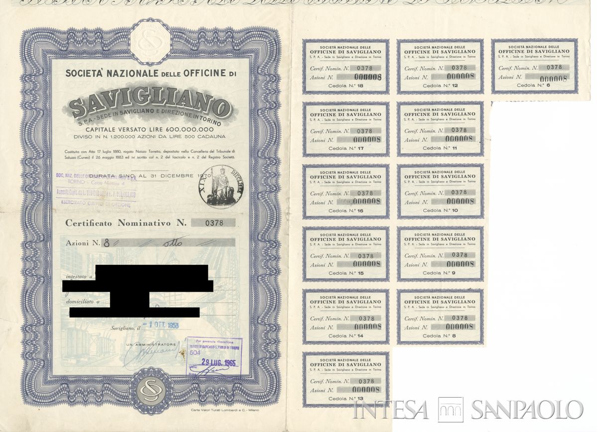 Officine di Savigliano Società Nazionale SpA, certificato azionario nominativo - recto