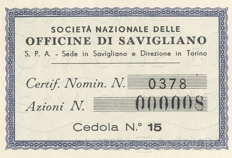 Officine di Savigliano Società Nazionale SpA, certificato azionario nominativo - dettaglio