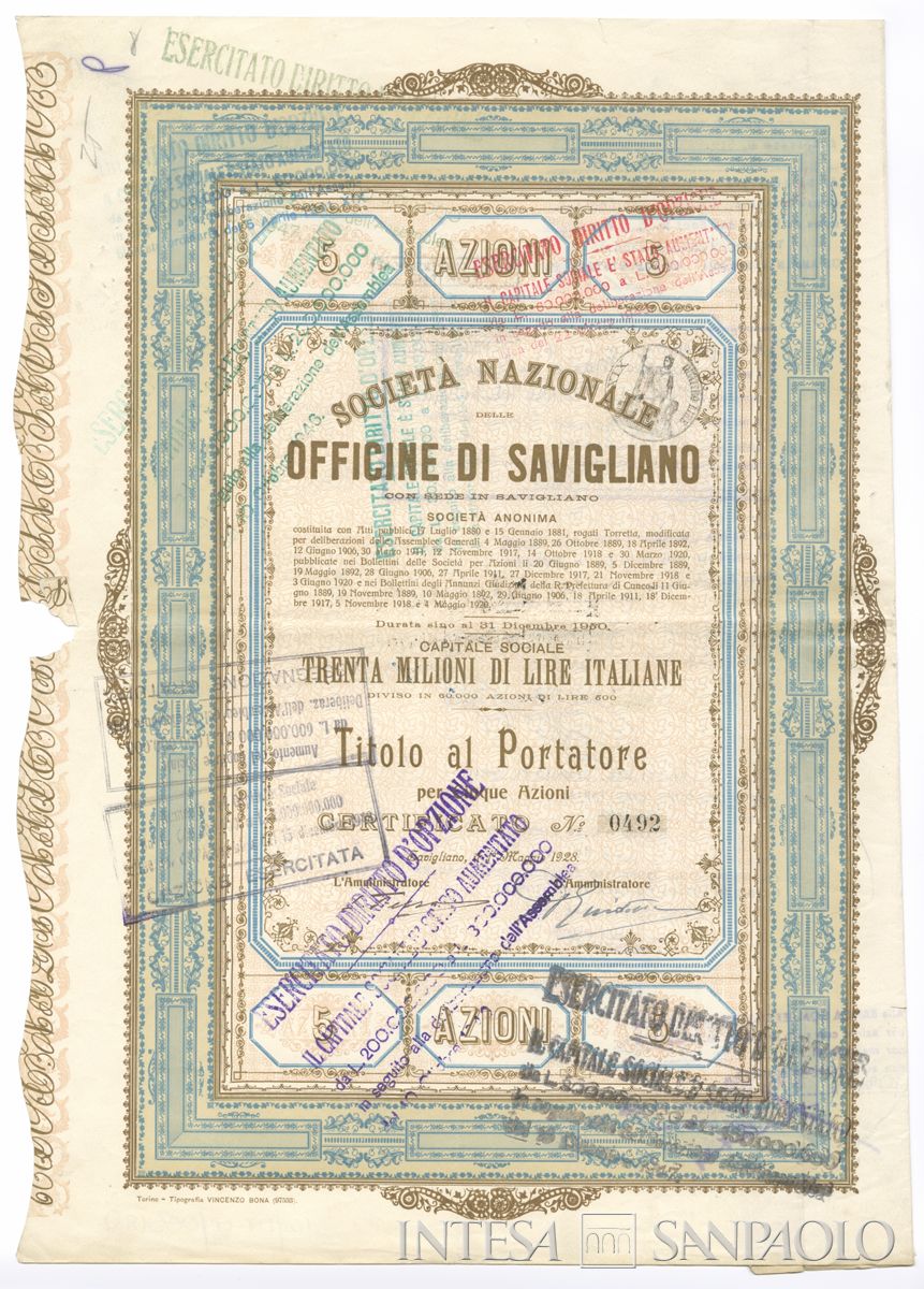 Officine di Savigliano Società Nazionale SA, certificati azionari al portatore - recto a