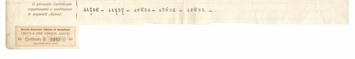 Officine di Savigliano Società Nazionale SA, certificati azionari al portatore - recto a