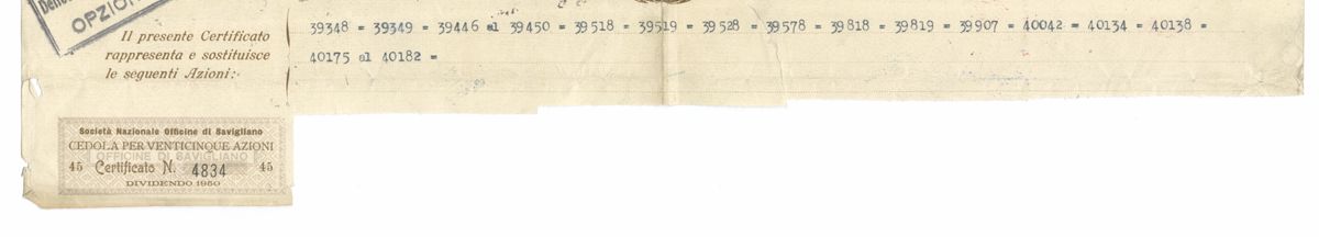 Officine di Savigliano Società Nazionale SA, certificati azionari al portatore - recto b