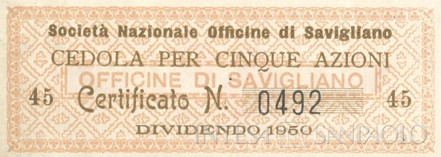 Officine di Savigliano Società Nazionale SA, certificati azionari al portatore - dettaglio a