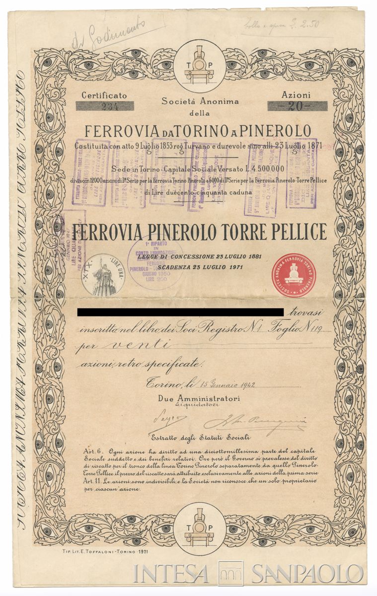 Ferrovia da Torino a Pinerolo SA, certificati azionari nominativi - recto a