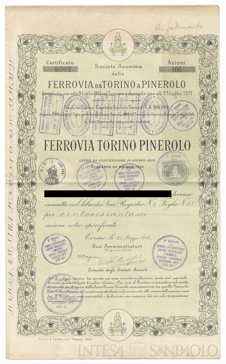 Ferrovia da Torino a Pinerolo SA, certificati azionari nominativi - recto b