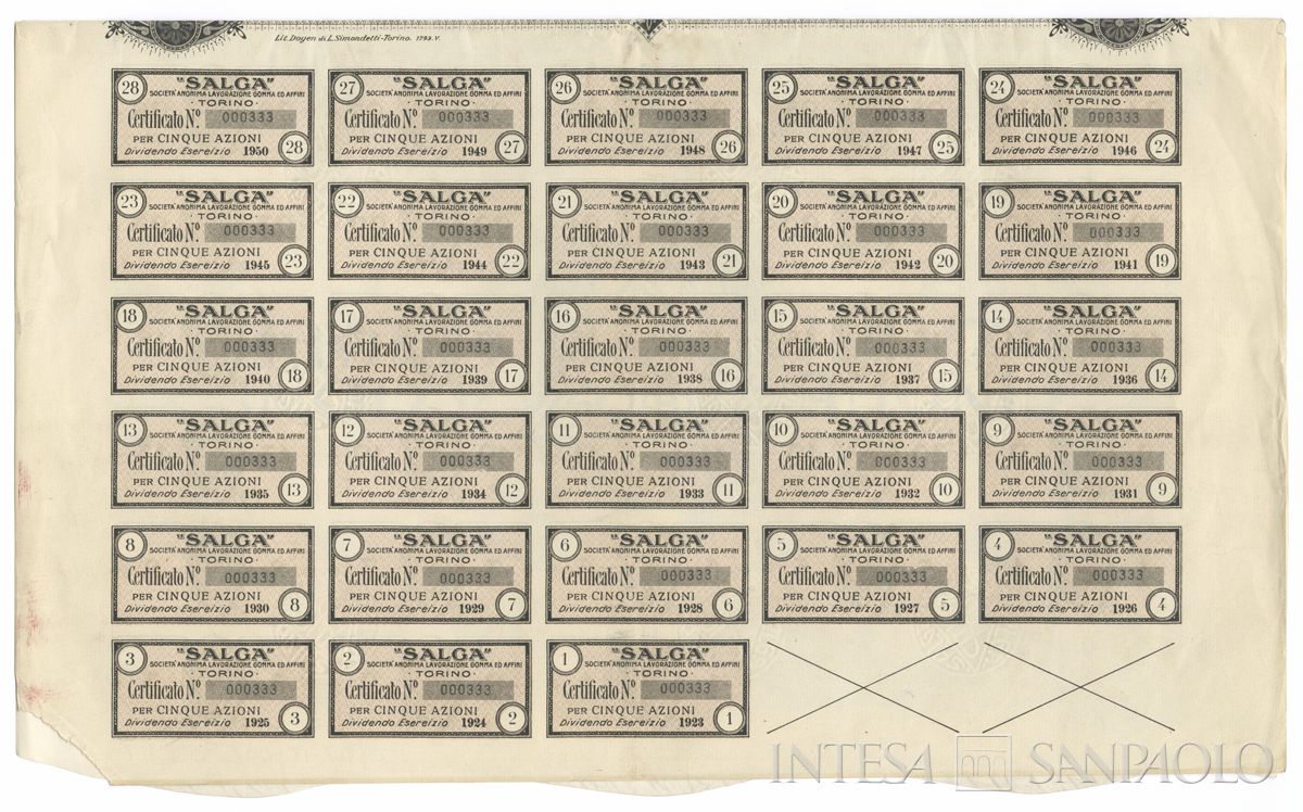 SALGA Società Anonima Lavorazione Gomma ed Affini, certificati azionari al portatore - recto a