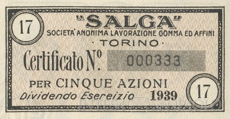 SALGA Società Anonima Lavorazione Gomma ed Affini, certificati azionari al portatore - dettaglio a