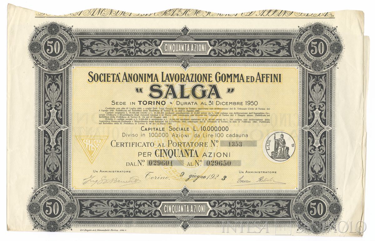 SALGA Società Anonima Lavorazione Gomma ed Affini, certificati azionari al portatore - recto b
