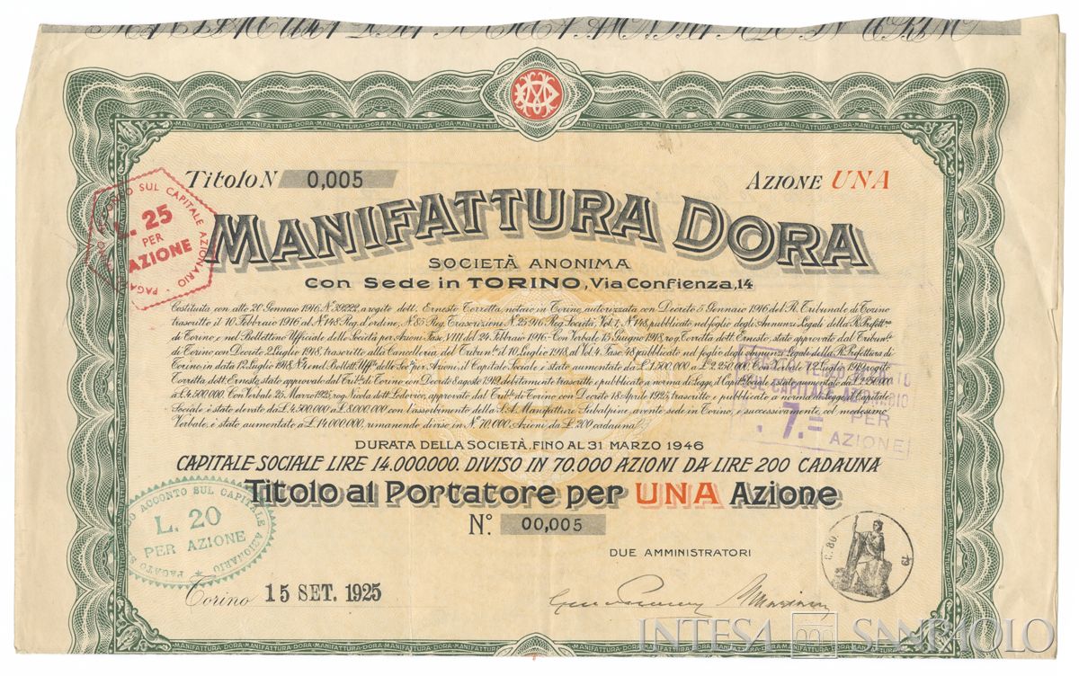 Manifattura Dora SA, certificati azionari al portatore - recto a