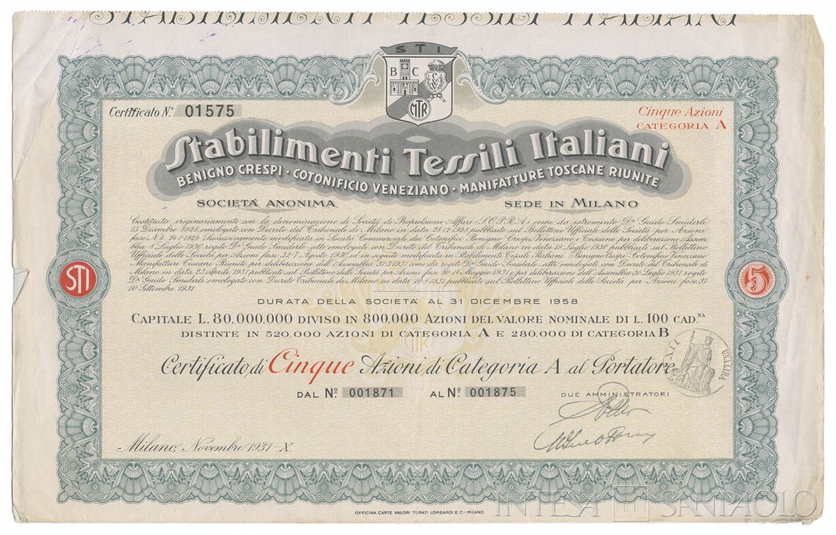 Stabilimenti Tessili Italiani Benigno Crespi - Cotonificio Veneziano - Manifatture Toscane Riunite SA, certificati azionari al portatore - recto b
