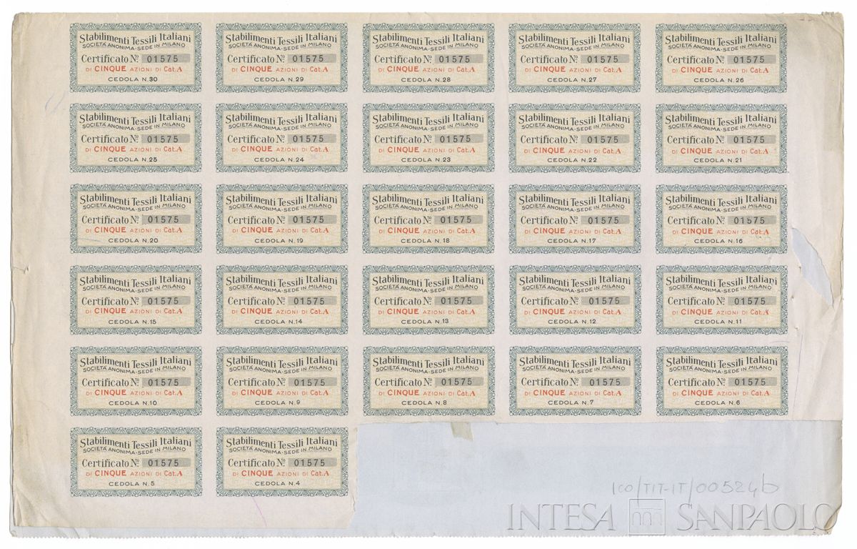Stabilimenti Tessili Italiani Benigno Crespi - Cotonificio Veneziano - Manifatture Toscane Riunite SA, certificati azionari al portatore - recto b