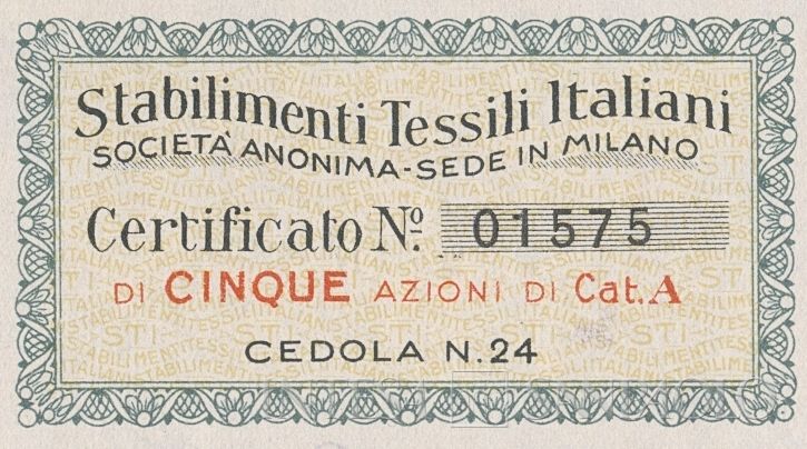 Stabilimenti Tessili Italiani Benigno Crespi - Cotonificio Veneziano - Manifatture Toscane Riunite SA, certificati azionari al portatore - dettaglio
