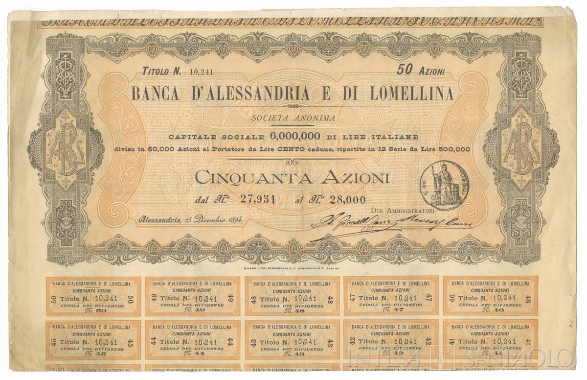 Banca d'Alessandria e di Lomellina SA, certificati azionari al portatore - recto b