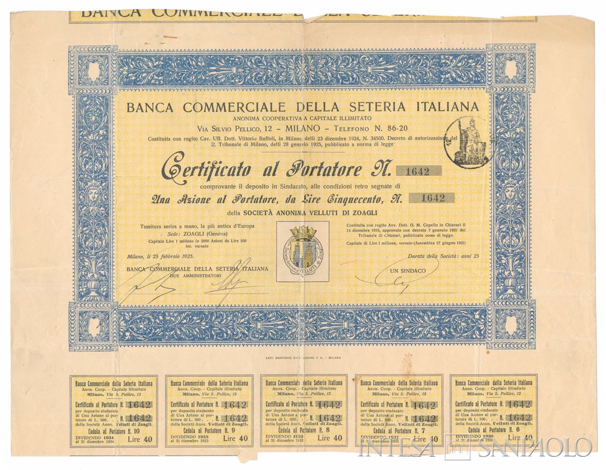 Banca Commerciale della Seteria Italiana Anonima Cooperativa, certificato azionario al portatore della Velluti di Zoagli SA - recto