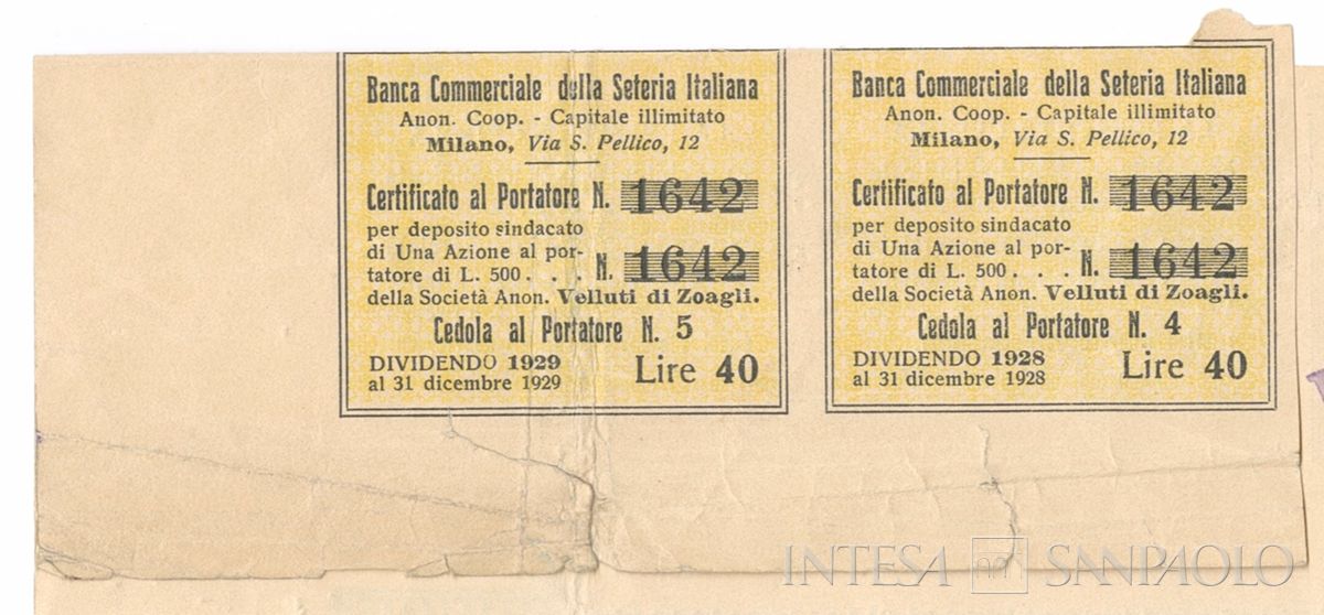 Banca Commerciale della Seteria Italiana Anonima Cooperativa, certificato azionario al portatore della Velluti di Zoagli SA - dettaglio recto