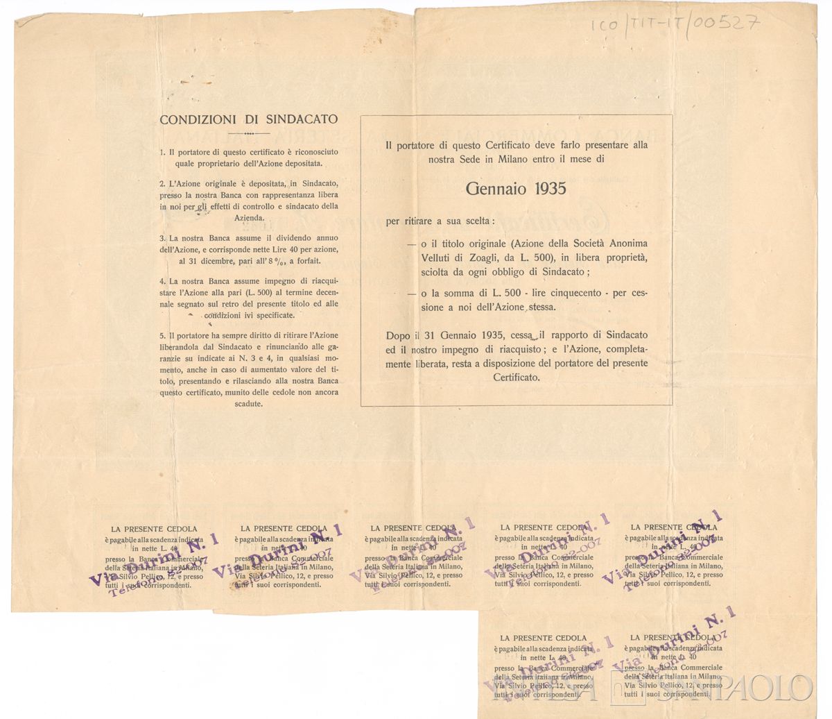 Banca Commerciale della Seteria Italiana Anonima Cooperativa, certificato azionario al portatore della Velluti di Zoagli SA - verso