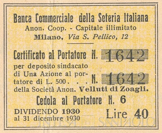 Banca Commerciale della Seteria Italiana Anonima Cooperativa, certificato azionario al portatore della Velluti di Zoagli SA - dettaglio