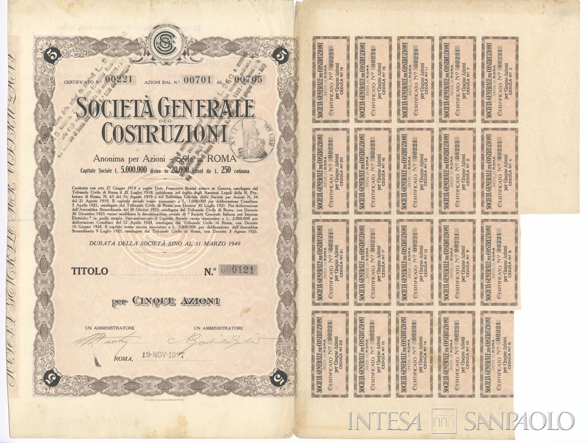 Generale per Costruzioni SA, certificati azionari al portatore - recto a