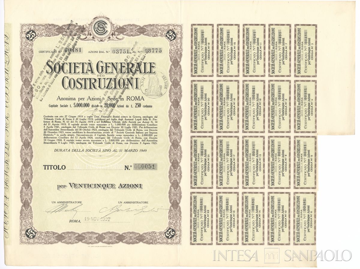 Generale per Costruzioni SA, certificati azionari al portatore - recto c
