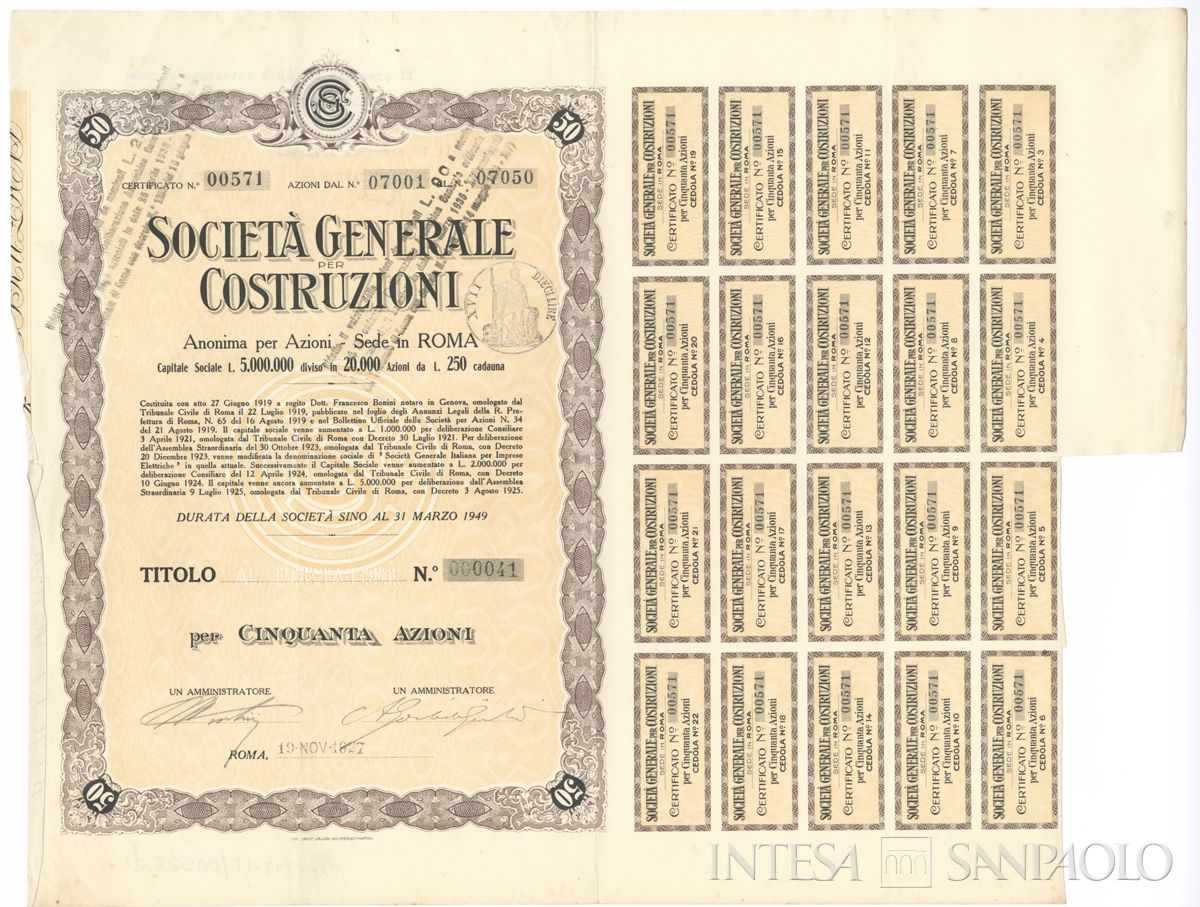 Generale per Costruzioni SA, certificati azionari al portatore - recto d