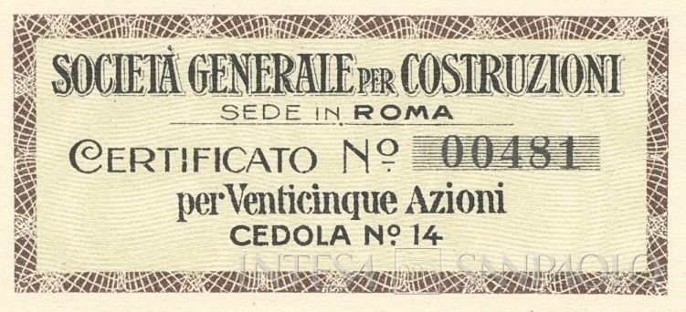 Generale per Costruzioni SA, certificati azionari al portatore - dettaglio