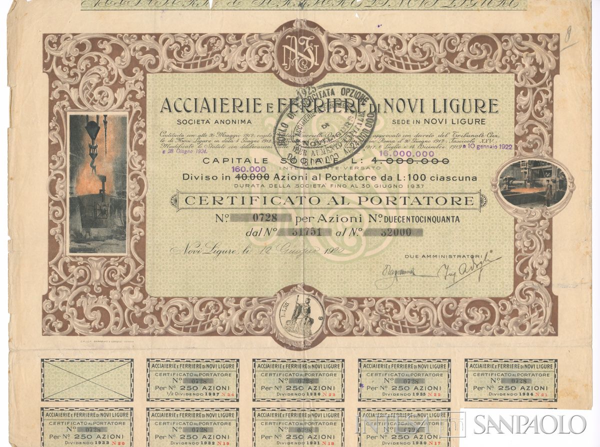 Acciaierie e Ferriere di Novi Ligure SA, certificato azionario al portatore - recto