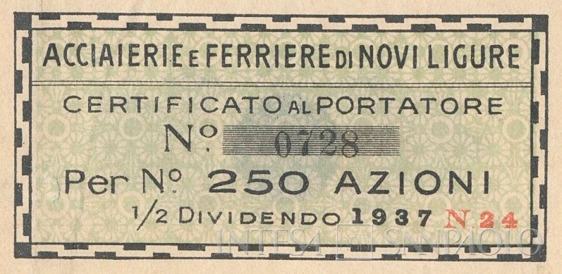 Acciaierie e Ferriere di Novi Ligure SA, certificato azionario al portatore - dettaglio
