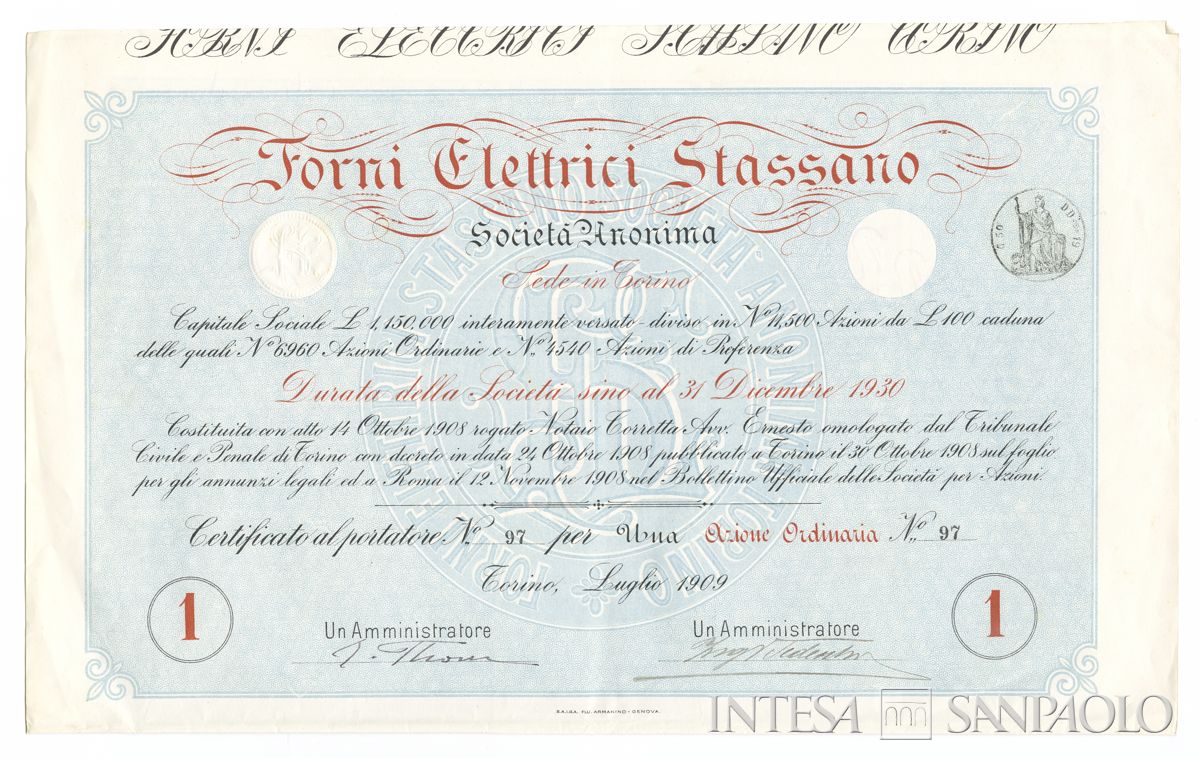 Forni Elettrici Stassano SA, certificati azionari al portatore - recto a