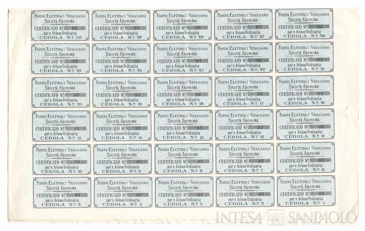 Forni Elettrici Stassano SA, certificati azionari al portatore - recto a